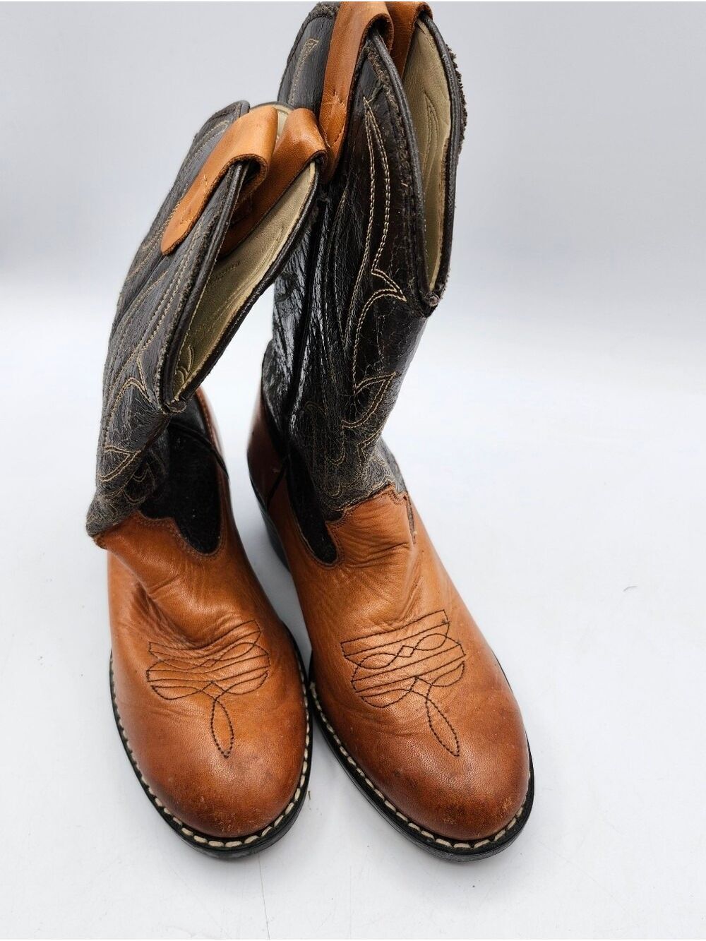 Kids Two-Tone Brown Western Pull-On Cowboy Boots Leather
